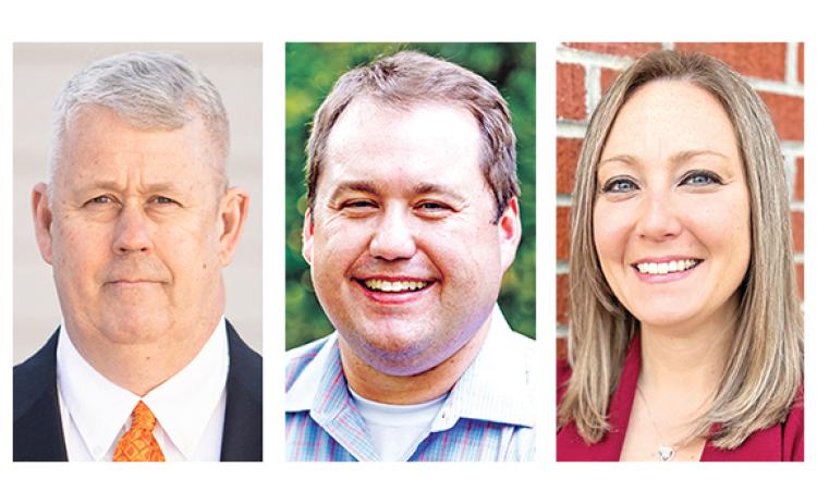 Candidates for chairman of the Franklin County Board of Commissioners in Tuesday’s election are (from left) Jeff Jacques, Doug Kidd and Courtney Long.