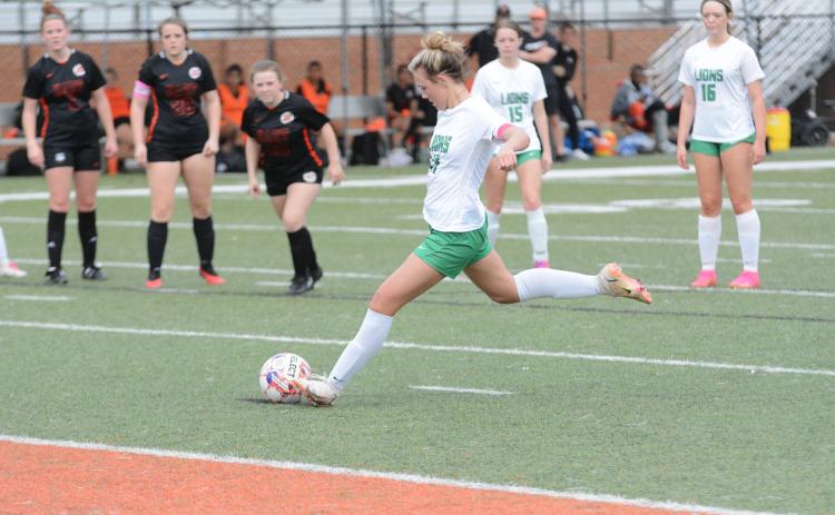 Lady Lion Haleigh Beard takes a penalty kick against Hart County Friday. Beard and the Lady Lions will play to keep their playoff hopes alive Tuesday against Stephens County at FCHS. (Photo by Benjamin London of The Hartwell Sun)