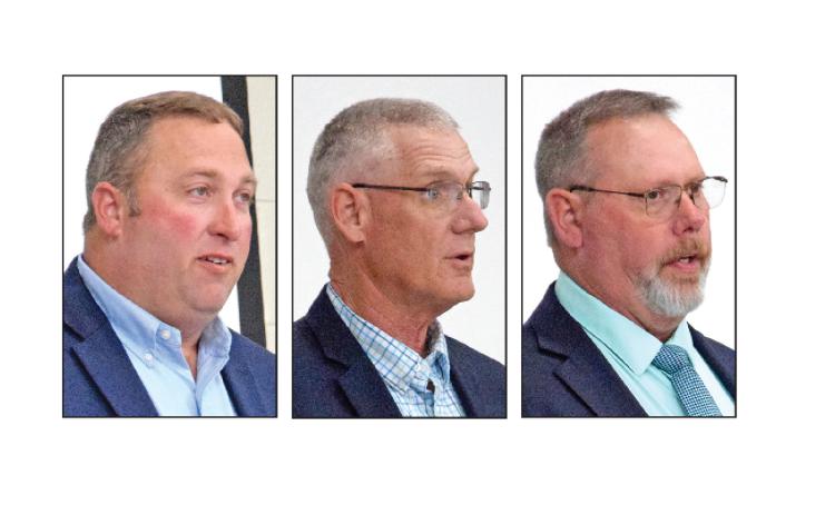 Franklin County Sheriff candidates (from left) Brian Stovall, Scott Andrews and Mitch Murphy spoke and answered questions March 23 at a Republican Party forum at Franklin County High School.