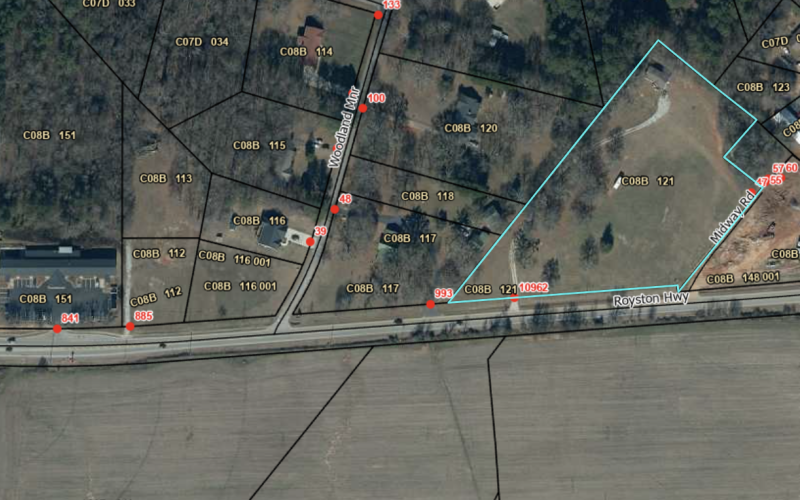 The City of  Royston is waiting to hear if Hart County commissioners will object to the annexation of property on Highway 29 (outlined in blue) just past the Royston bypass. (Photo from Hart County Tax Assessor’s website)
